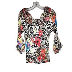 Agora Crinkle Multi Color Festive Party Top with Fringe Sleeves and Neck. NWT